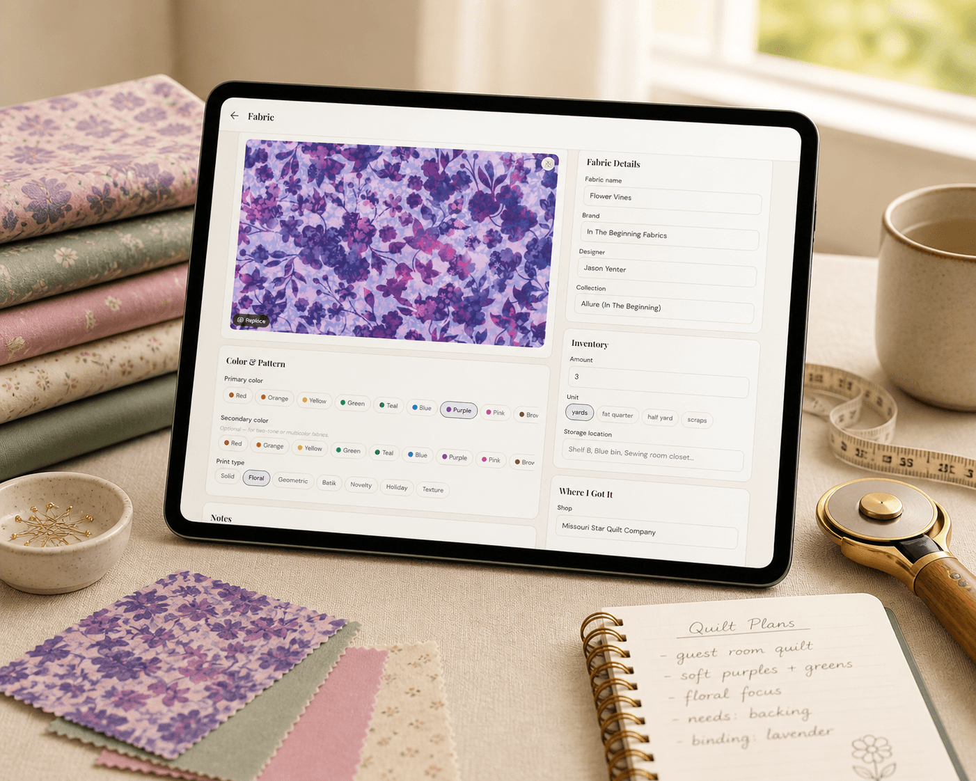 QuiltKeeper fabric detail page on an iPad — showing the Flower Vines fabric by Jason Yenter with color, print type, yardage, storage location, and shop info