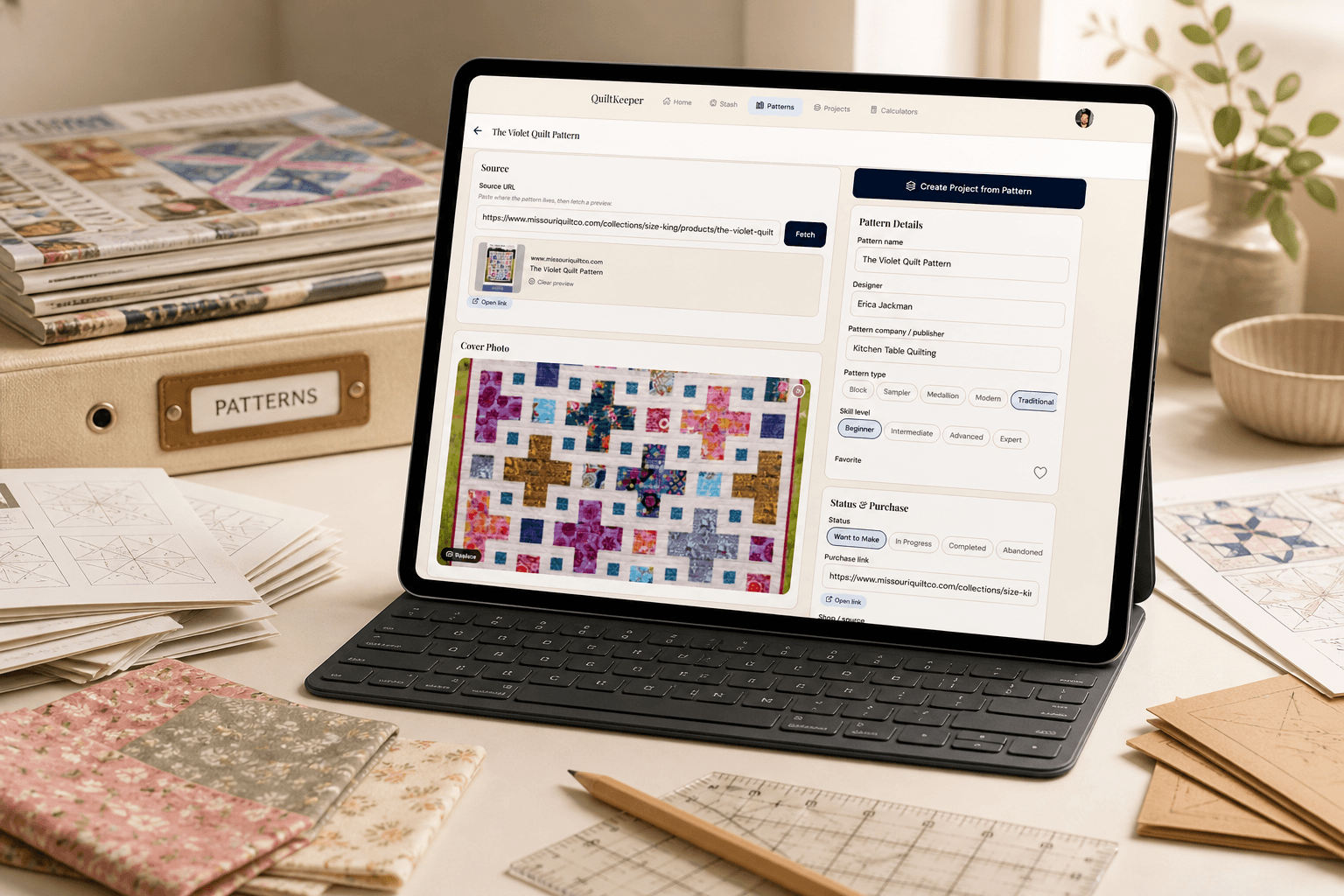 QuiltKeeper pattern detail page on an iPad — showing The Violet Quilt Pattern by Erica Jackman with source URL, cover photo, designer, publisher, pattern type, skill level, and purchase link