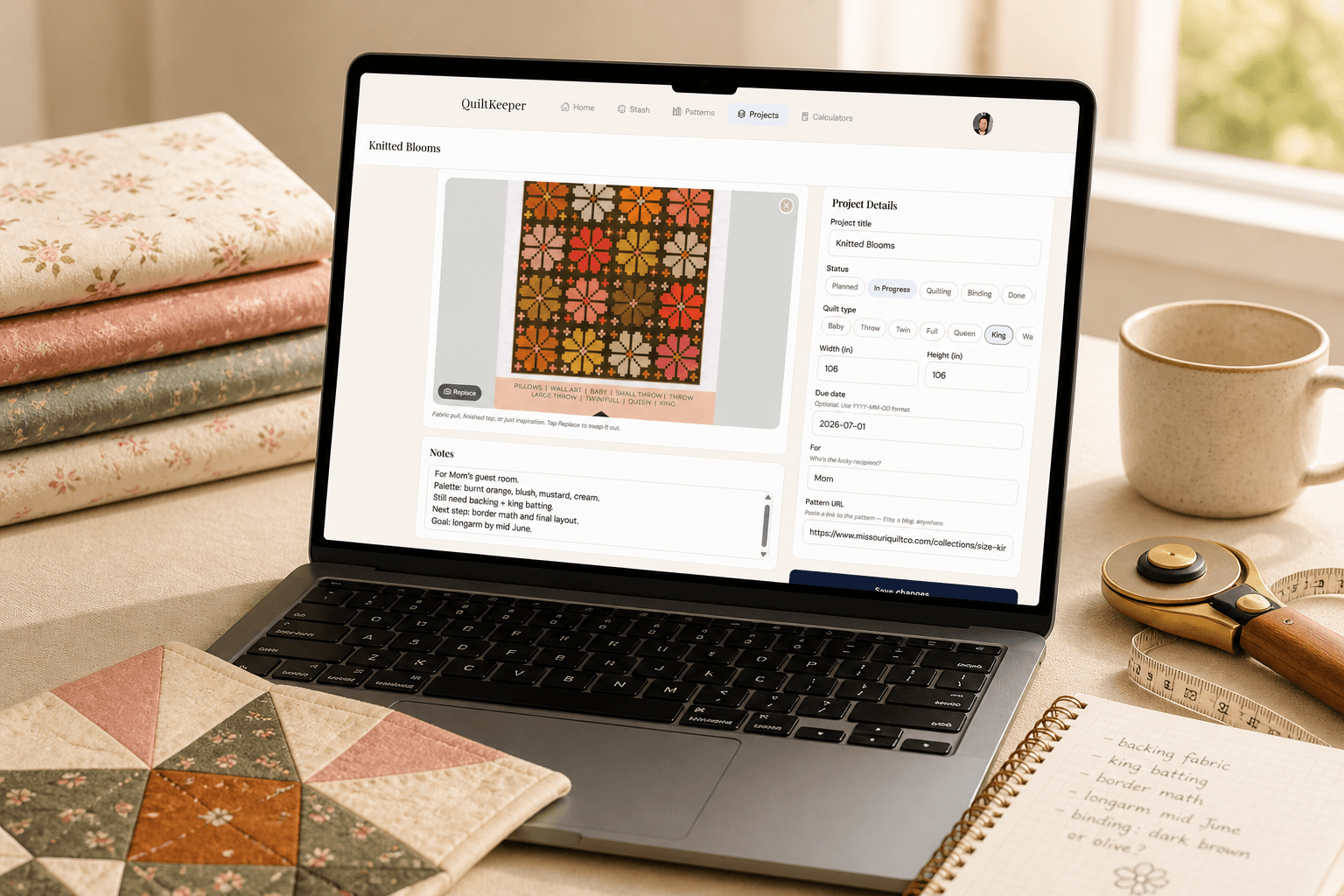 QuiltKeeper project detail page on a laptop — showing the Knitted Blooms quilt with status, notes, dimensions, due date, and pattern link side by side