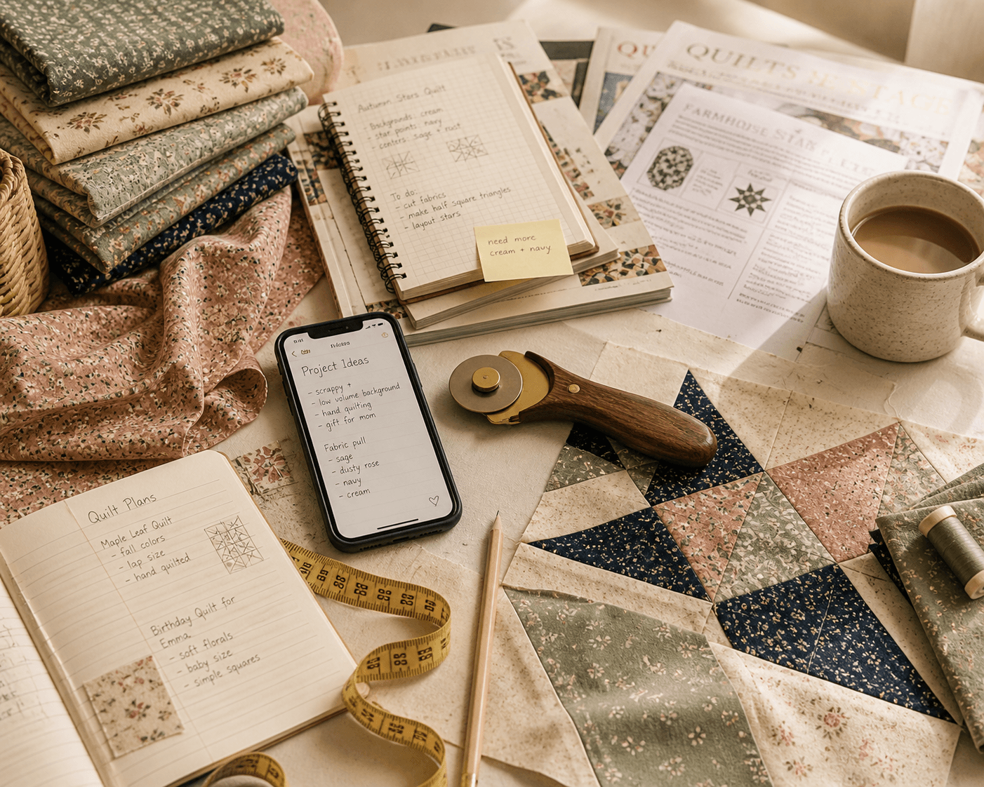 A quilter's workspace with scattered notebooks, pattern magazines, fabric swatches, a phone with project notes, a rotary cutter, and a cup of coffee — the beautiful reality of a creative life spread across too many surfaces